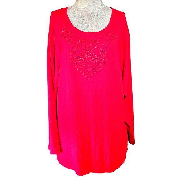 Red Long Sleeve Rhinestone Embellished Tee Size 2X - Picture 1 of 4